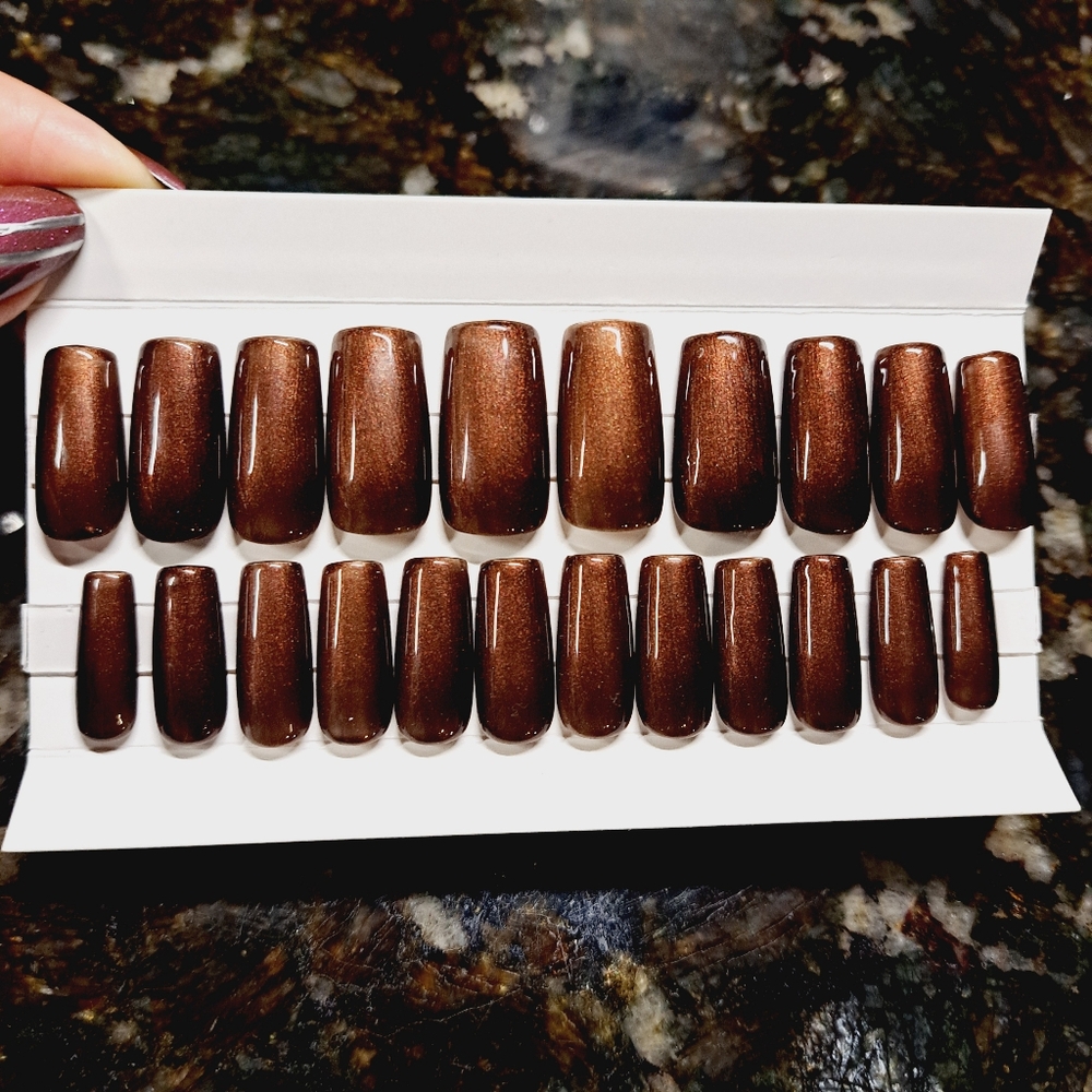 Set of 22 Hand Painted Salon Quality Press-On Nails in Root Beer Brown M RTS